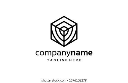 black white box secure technology hexagon Cube Box Hexagon with Shield Safe Security Logo Design Inspiration