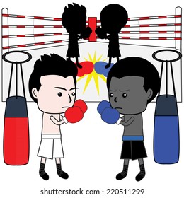 Black and white boxer in the ring fighting.