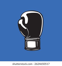 A black and white boxing glove is depicted against a solid blue backdrop, commonly used for boxing matches and training.
