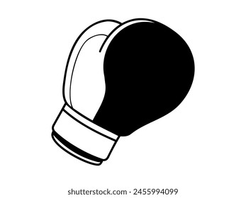 Black and white boxing glove silhouette. Graphic art of sporting glove. Icon, logo, sign, pictogram, print. Concept of sports equipment, powerful punch. Isolated on white background