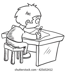 Black White Boy Doing Homework Cartoon Stock Vector Royalty Free