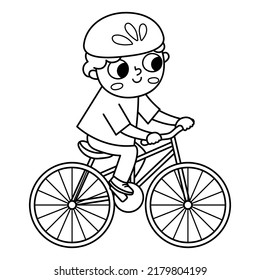 Black And White Boy Riding A Bike In Helmet Icon. Cute Line Eco Friendly Kid. Child Using Alternative Transport. Earth Day Or Healthy Lifestyle Concept Or Coloring Page
