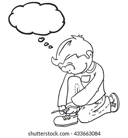 black and white boy with thought bubble tying a shoelace cartoon