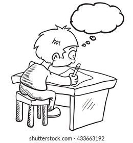 black and white boy with thought bubble doing homework cartoon