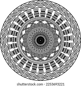 Black and white braid mandala with streaked center.