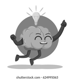 black and white brain character jumping and get idea black and white style