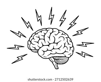 Cerebro blanco y negro con rayos radiantes que simbolizan ideas