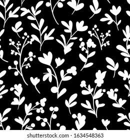 Black and white branches with leaves background. Monochrome print design for textiles. Vector.