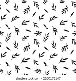 Black and white branches with leaves background. Hand drawn vector seamless pattern. Abstract plant motif with foliage. Hand drawn leaves and twigs silhouettes. Palm branches, tropical pattern.