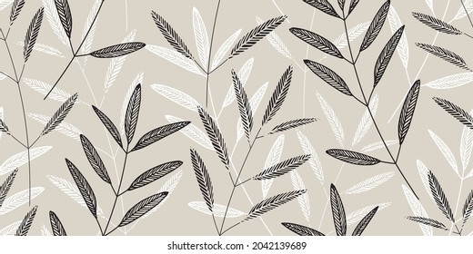 Black and white branches with leaves on a gray background. Seamless natural vector pattern. Repeating plants isolated on a neutral background. Monochrome simple print.