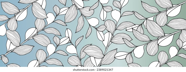 Black and white branches with leaves on a gradient blue-green background. Botanical card, banner, poster, background, wallpaper