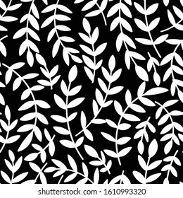 Black with white branches and leaves seamless pattern background design.Great for home interior, kitchen and outdoor design projects. Surface pattern design.