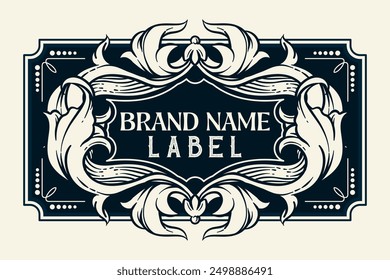 black and white brand label design with vintage style ornaments