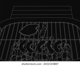 Un dessin noir et blanc plus brillant représente de la viande et des légumes grésillants sur le gril, mis en valeur sur fond sombre et lunatique. L'illustration détaillée de style fusain crée un mystérieux.