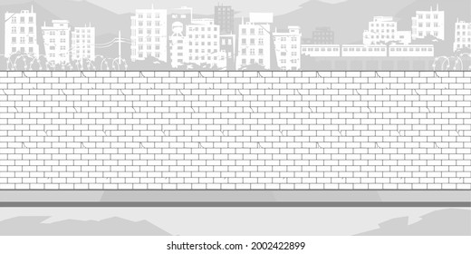 Black And White Brick Wall Coloring Page With Background Of The Cityscape Vector Illustration 