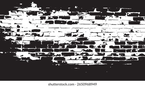 a black and white brick wall illustration with a distressed texture and a grunge effect applied to the image