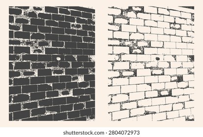 Black and white brick wall texture. Monochrome grunge surface with worn mortar pattern. Abstract rustic stone backdrop for architectural layouts and backgrounds.