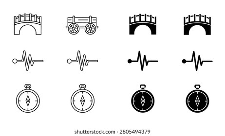 black and white bridge carriage clock heart pulse mountain peak compass icon vector
