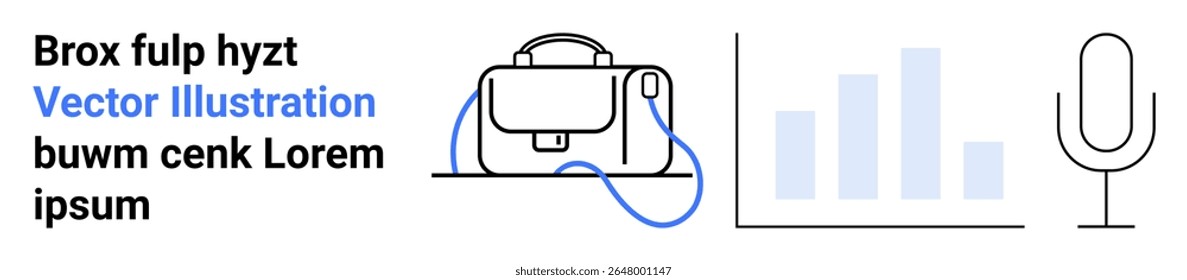 Maleta em preto e branco, gráfico de barras em azul e microfone. Ideal para apresentações de negócios, marketing, materiais educacionais, infográficos, start-ups, cursos on-line e blogs de tecnologia. Página inicial