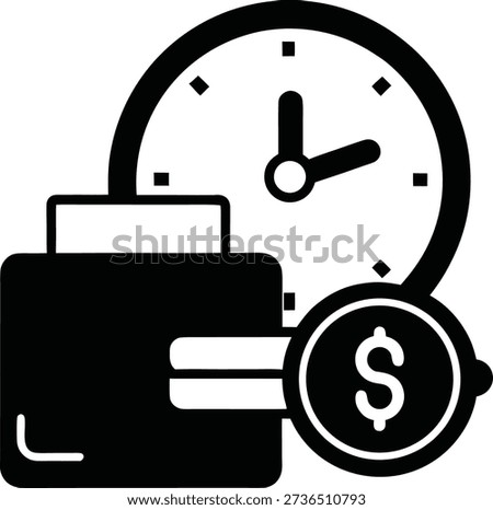 Black and white of a briefcase with a clock and a dollar sign 1