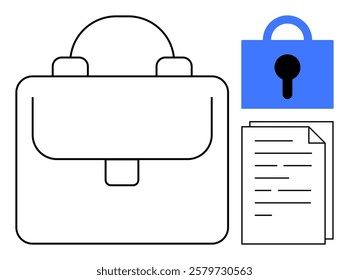 Black and white briefcase, stack of documents with lines, and blue lock icon. Ideal for security, business, organization, document management, and privacy protection themes. Simple, minimalistic