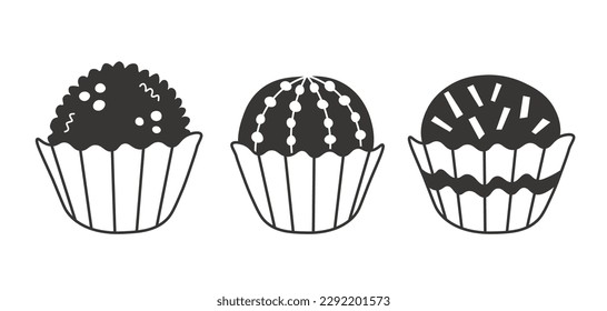 Black and white brigadeiro doodle set. Mini collection of tree cute hand drawn round chocolate candy with sprinkles in wrap form 