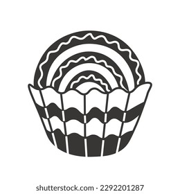 Black and white brigadeiro with rainbow. Hand drawn round chocolate candy vector illustration for logotype, candy shop, children 