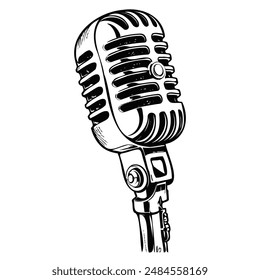 micrófono de radiodifusión en blanco y negro aislado sobre fondo blanco