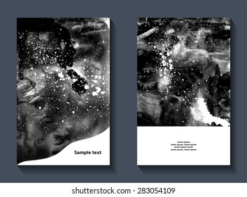 Black and white brochure with text space made in watercolor technique, paint splashes, cosmos, universe, sky theme, planetarium card