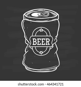 Black And White Broken Beer Can With Label And Using Hand Drawing Style On Chalkboard Background