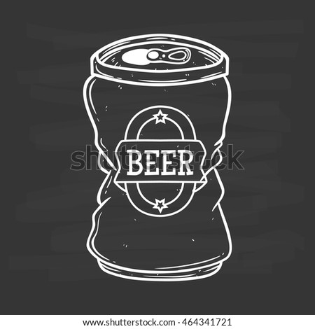 Black and white broken beer can with label and using hand drawing style on chalkboard background
