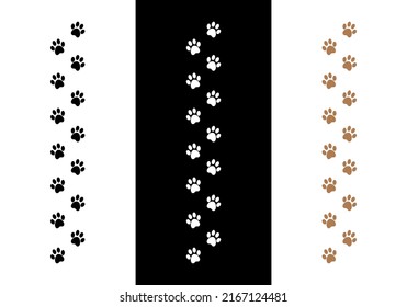 Black, white and brown animal dog footprints set isolated on black and white backgrounds. Vector illustration