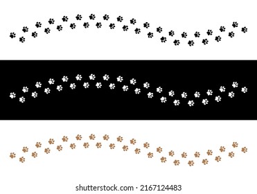 Black, white and brown animal dog footprints set isolated on black and white backgrounds. Vector illustration