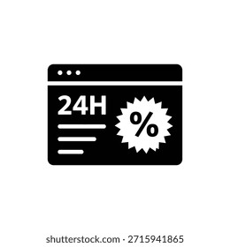 Icono blanco y negro de la ventana del navegador con servicio de 24 horas y símbolo de descuento para ofertas de comercio electrónico