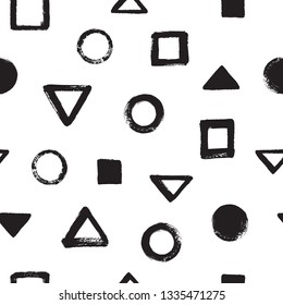 Black and white brush hand drawn geometric figures seamless repeat vector pattern. Various triangle, pyramid, square, circle, round textured uneven shapes colorful background. Abstract chaotic texture