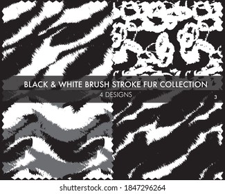 Black and White Brush stroke fur collection includes 4 design swatches for fashion prints, homeware, graphics, backgrounds