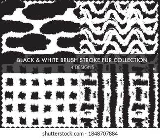 Black and White Brush stroke fur collection includes 4 design swatches for fashion prints, homeware, graphics, backgrounds