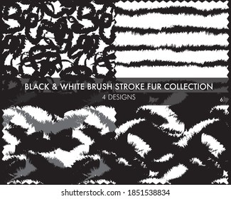 Black and White Brush stroke fur collection includes 4 design swatches for fashion prints, homeware, graphics, backgrounds
