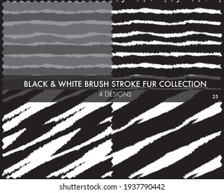 Black and White Brush stroke fur collection includes 4 design swatches for fashion prints, homeware, graphics, backgrounds