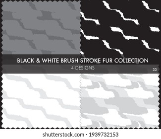 Black and White Brush stroke fur collection includes 4 design swatches for fashion prints, homeware, graphics, backgrounds