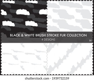 Black and White Brush stroke fur collection includes 4 design swatches for fashion prints, homeware, graphics, backgrounds