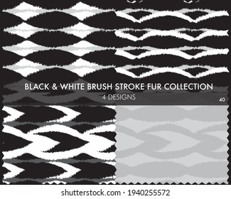 Black and White Brush stroke fur collection includes 4 design swatches for fashion prints, homeware, graphics, backgrounds