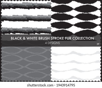 Black and White Brush stroke fur collection includes 4 design swatches for fashion prints, homeware, graphics, backgrounds