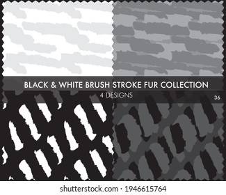 Black and White Brush stroke fur collection includes 4 design swatches for fashion prints, homeware, graphics, backgrounds
