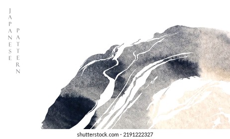 Textura de trazo de pincel blanco y negro con patrón de onda oceánica japonés en estilo vintage. Resumen de arte diseño de banner de paisaje con vector de textura de acuarela