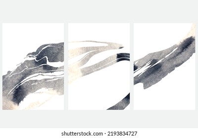 Black and white brush stroke texture with Japanese ocean wave pattern in vintage style. Abstract art landscape banner design with watercolor texture vector. Contemporary decoration set.