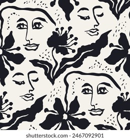 Black and white brush strokes ink wash flowers and female faces seamless pattern. Abstract monochrome floral modern fashion background. Minimalist botanical wallpaper