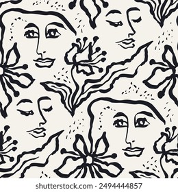 Pinceladas en blanco y negro tinta lavar flores y caras femeninas sin patrón. Abstractas monocromo floral moderno fondo de la moda. Fondo de pantalla botánico minimalista