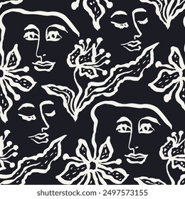 Black and white brush strokes ink wash flowers and female faces seamless pattern. Abstract monochrome floral modern fashion background. Minimalist botanical wallpaper