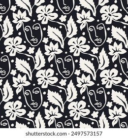 Black and white brush strokes ink wash flowers and female faces seamless pattern. Abstract monochrome floral modern fashion background. Minimalist botanical wallpaper